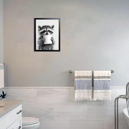XYHYRA Bathroom Wall Art, Cute Black and White Raccoon Canvas Prints Poster, Funny Animal Decor Oil Painting, Modern Farmhouse Picture Artwork for Bathroom Toilet Wall Decor 12X16 Inch Framed