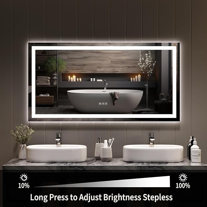 50x26 LED Bathroom Mirror with Lights, Frameless Wall Mounted Vanity Mirror with Front & Backlight, Dimmable Color Temperature, 5mm Copper-Glass, for Bathroom