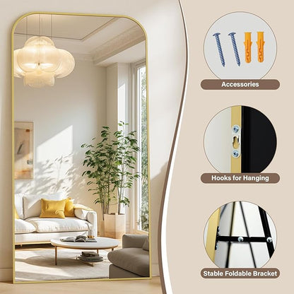 XRAMFY 40x86 Inch Floor Length Mirror with Stand, Full Length Standing Mirror for Bedroom, Full Body Tall Mirrors with Modern Aluminum Alloy Frame in Gold, Home Decor