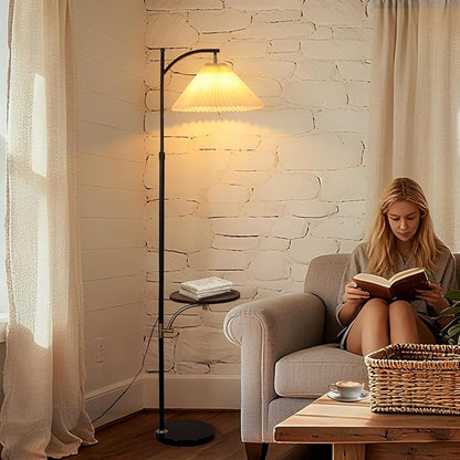 Floor Lamp with Table for Living Room, Tall Standing Lamps with Shelves, Height Adjustable Lamp Table Combo, Dimmable Corner Rustic Lamps with Tray for Bedroom Office, Bulb Included (Pleated Linen)
