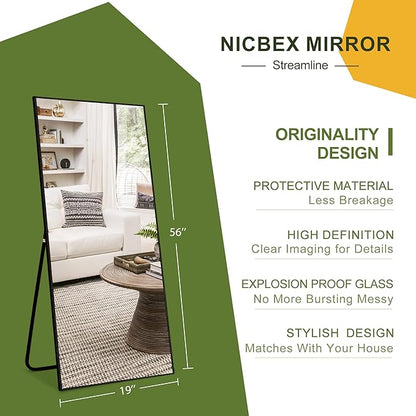 NicBex Full Length Mirror with Stand, 56"x19" Aluminum Alloy Frame Floor Mirror, Black, Shatter-Proof Glass - Free Standing, Leaning Against Wall or Wall-Mounted, for Bedroom Living Room Dressing Room