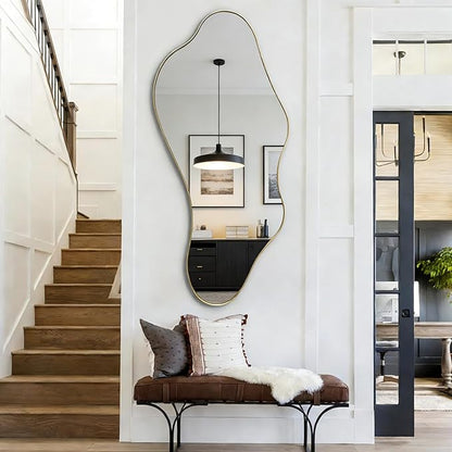 Irregular Wall Mirror, 47"x22" Gold Asymmetrical Mirror with Metal Frame, Modern Organic Shaped Mirror for Living Room Bedroom Hallway Entryway, Horizontal or Vertical Wall Hanging
