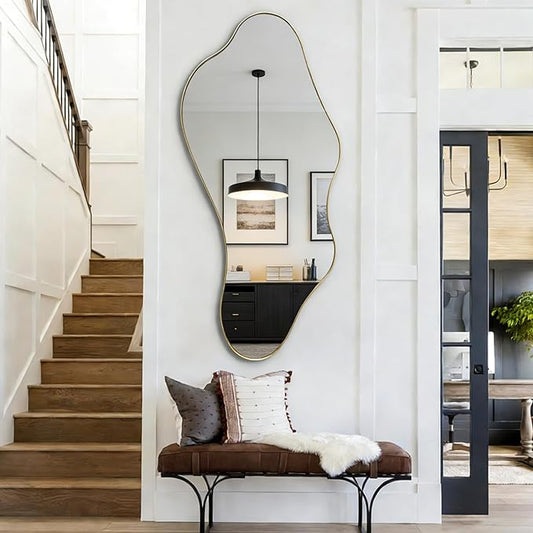 Irregular Wall Mirror, 47"x22" Gold Asymmetrical Mirror with Metal Frame, Modern Organic Shaped Mirror for Living Room Bedroom Hallway Entryway, Horizontal or Vertical Wall Hanging