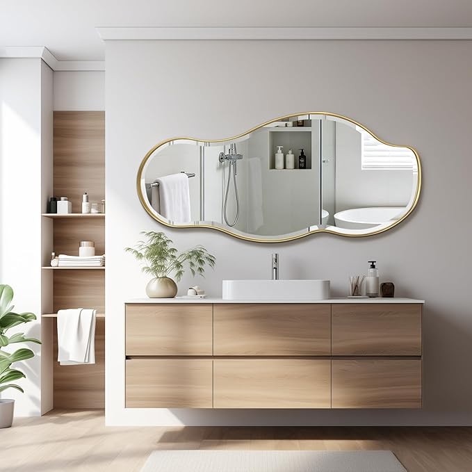 POZINO Irregular Beveled Mirror, 53"x24" Modern Asymmetrical Wall Mirror with Gold Metal Frame, Premium Organic Shaped Mirrors for Living Room Bedroom Hallway Entryway, Horizontal/Vertical Hanging