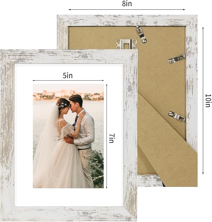 iRahmen 8x10 Picture Frame Set of 2 with HD Glass, Distressed White Wood Photo Frames Display 5x7 Pictures with Mat or 8 x 10 Without Mat for Horizontal or Vertical Tabletop and Wall Mounting