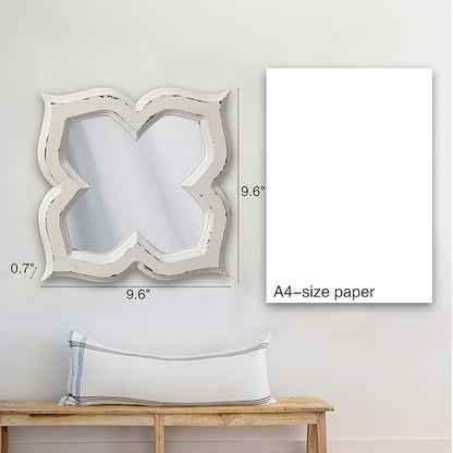 Hanging Antique Small Wall Mirrors Decorative 9.6 inch, Distressed White Sculpted Wood Mirror Farmhouse Home Decor, Shabby Chic Lucky Four-Leaf Clover Mirror Wall Decor for Living Room
