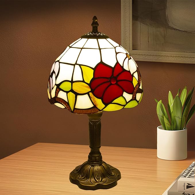 Tiffany Style Table Lamp, 3 Color Temperatures Bedside Lamp, 8 Inch Stained Glass Desk Light for Home Office Bedroom Living Room (Three Flower Pattern)