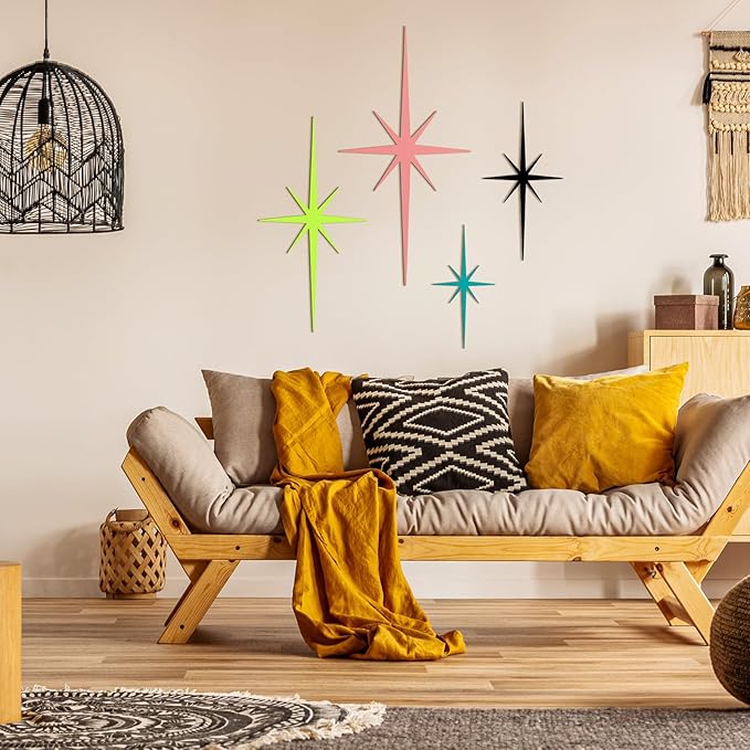 Blulu 4 Pcs Cast Iron Starburst Shaped Wall Decor Metal Mid Century Modern Decor Retro Atomic Stars Wall Art Elegance Accents Vintage Celestial Whimsigoth Hangings for Home Office Room(Mid Century)