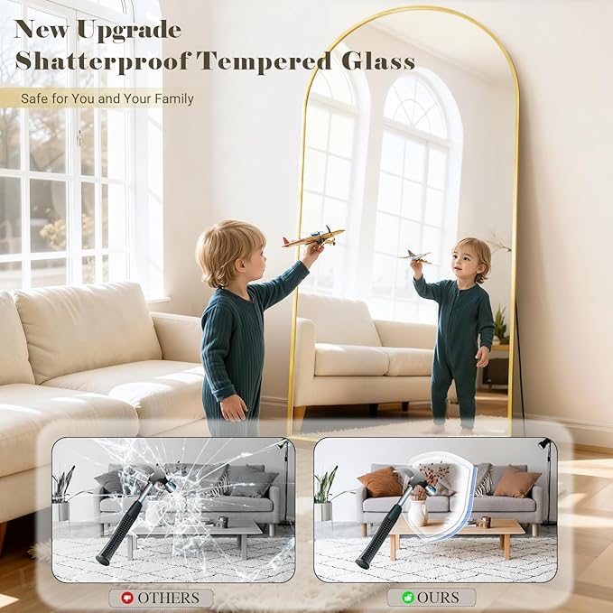 Oversized Full Length Mirror, 38"x77" Large Arched Floor Mirror Full Length with Stand, Room Decor Big Full Body Mirror with HD Tempered Glass Aluminum Frame for Bedroom Living Room, Gold