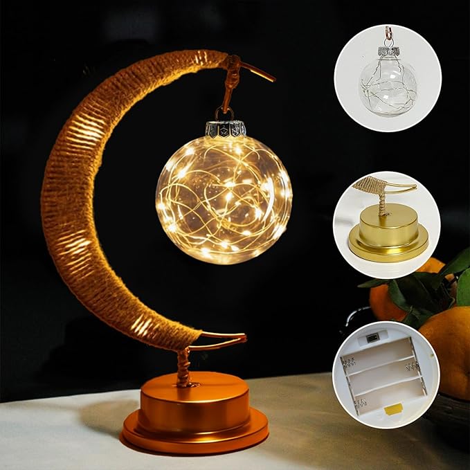 Ramadan Decorative Crescent Moon Table Night Light with Hanging Ball Battery Operated Lighting Suitable for Home Bedroom Shop Dining Holiday Party Eid Festival Lights (HGmoon-Ball)