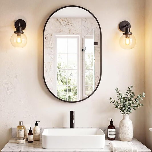 Sweetcrispy 20" x 30" Black Bathroom Mirror for Wall, Oval Wall Mirror with Metal Frame, Tempered Glass, Modern Vanity Mirror for Over Sink, Living Room, Bedroom, Entryway, Horizontal or Vertical