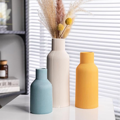 Colorful Ceramic Flower Vases Set of 3, Matte Vertical Ribbed,Minimalist for Pampas, Dried & Fresh Flowers, Centerpiece for Living Room, Shelf, Entryway, Wedding (White, Yellow, Blue)