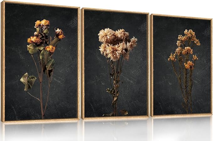 HOURIA Dark Moody Dried Floral Framed Canvas Wall Art Set,Vintage Mid Century Black Flower Wall Decor,Retro Boho Minimalist Wildflower Botanical Artwork for Living Room,Bedroom,Farmhouse- 24"x36"x3