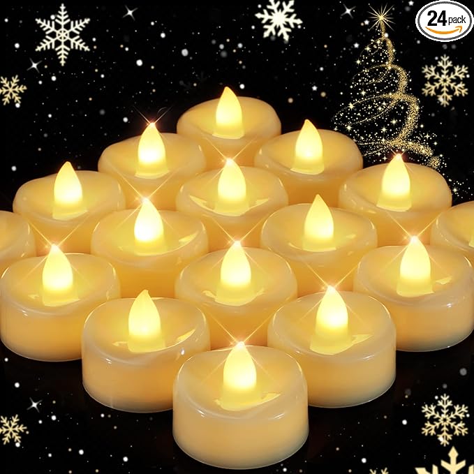 merrynights Flameless Candles, 24 Pack LED Tea Lights Candles Battery Operated, Last 200+ Hrs Flickering Tea Lights, Flameless Tealight Candles for Halloween Diwali Fall Christmas Wedding