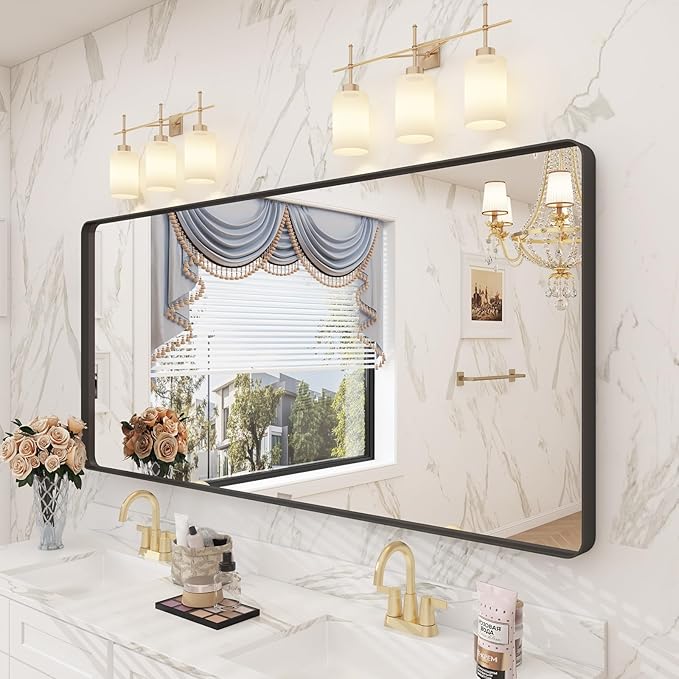 60x28 Black Framed Bathroom Mirror, Large Matte Black Bathroom Vanity Mirror for Wall, Rounded Rectangle Bathroom Mirror, Shatterproof (Horizontally/Vertically)