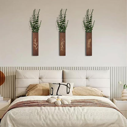 Wooden Wall Planter Set of 3 - Modern Home Decor for Living Room, Bedroom, Bathroom - Dark Brown Finish Planter for Dried Flowers, Faux Greenery, Indoor Plants