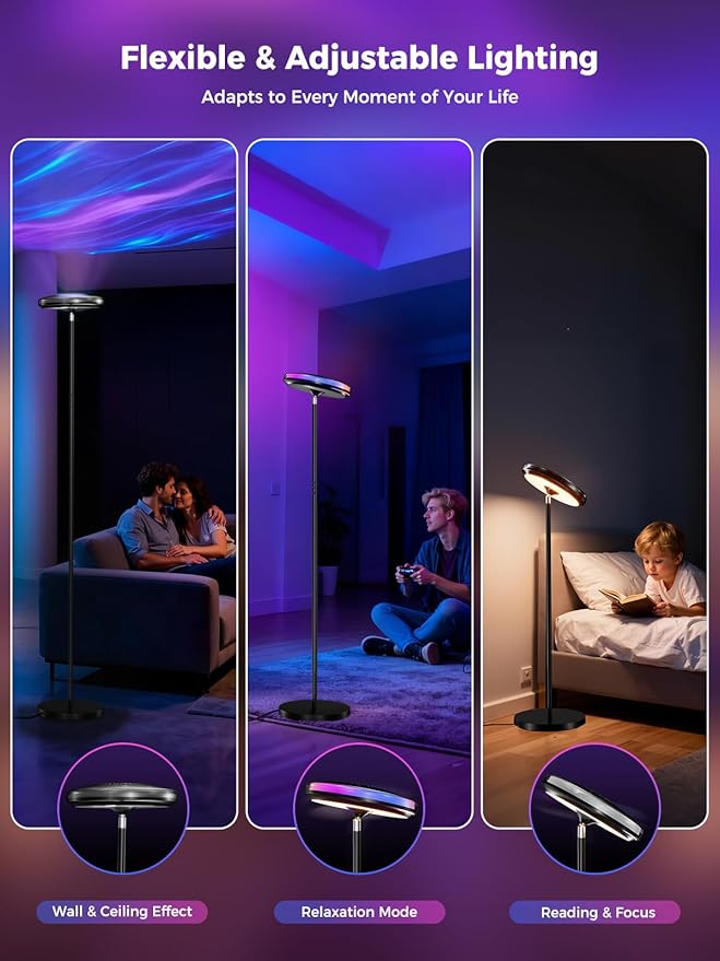 Smart Floor Lamp for Living Room, 66.8" RGB+WW Ripple Projector Floor Lamp for Bedroom, 3-in-1 LED Floor Lamp with RGB+IC Side Light & RA90 Reading Light, Dimmable Mood Light with App Control