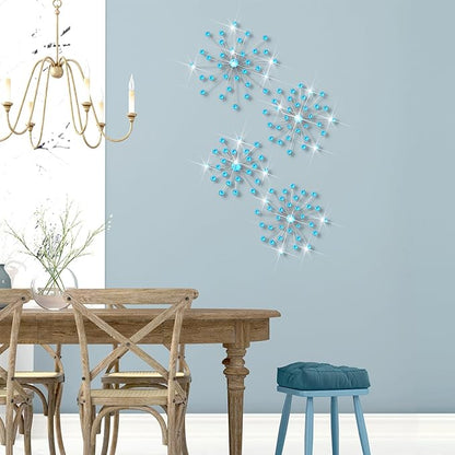 Funnymoom 4 Pcs Blue Starburst Wall Decor Metal Bling Wall Art Blue Crystal Sparkling Rhinestones Bling Decorative Hanging Diamond for Living Room Bedroom Home Office