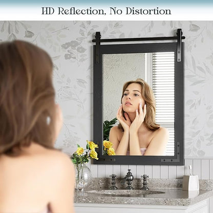 Farmhouse Bathroom Mirror, 22"x30" Black Farmhouse Mirror with Rustic Wood Framed, Barn Door Vanity Mirrors for Wall, Vintage Decorative Mirrors for Entryway,Living Room,Bedroom