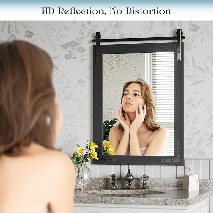 Farmhouse Mirror for Bathroom, 24"x36" Black Farmhouse Mirror with Rustic Wood Framed, Barn Door Vanity Mirrors for Wall, Vintage Decorative Mirrors for Entryway,Living Room,Bedroom