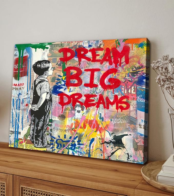 Yatsen Bridge Dream Big Dreams Graffiti Wall Art Canvas Colorful Banksy Art Inspirational Street Art Decor for Living Room, Bedroom, Office Ready to Hang 16x12 inch