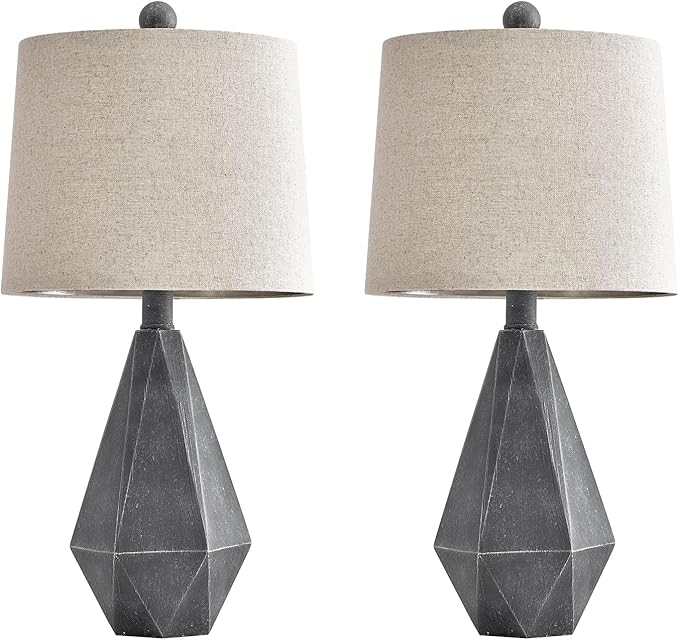 PoKat 20.25" Rustic Farmhouse Table Lamp Sets of 2 for Living Room Bedroom Deep Grey Contemporary Classic Bedside Nightstand Lamp with White Fabric Shade, Suitable for Small Place