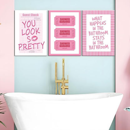 JBZDD 3Pcs Framed Preppy Pink Bathroom Wall Art Set, Funny Guest Check & Shower Karaoke Stamp Canvas Posters, Trendy Indie Pop Room Decor for Women Powder Room Restroom 12x16in