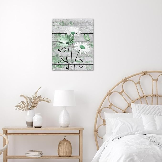 HVEST Country Green Floral Wall Art for Living Room Daisy Flower with Butterfly on Vintage Wood Canvas Wall Art Rustic Farmhouse Wildflower Pictures for Bathroom Bedroom Wall Decor,20L X 16W Inches