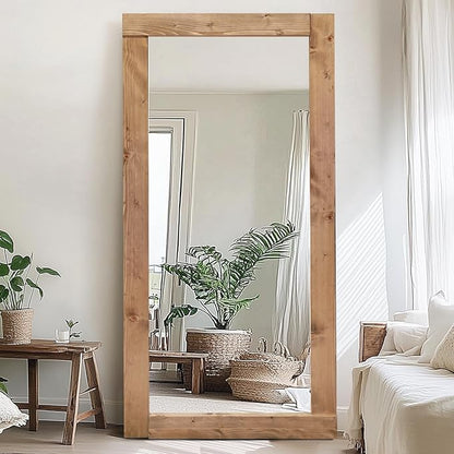 Full Length Mirror 71"x32" – Solid Wood Frame, HD Tempered Glass, Wall Mounted & Leaning, Rustic Modern Decor for Bedroom, Living Room, Entryway, Light Brown