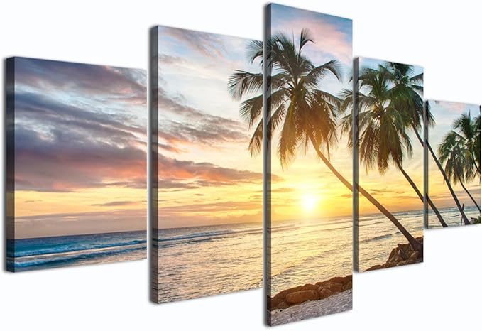 Modern Beach Painting Beautiful Large Sunset Landscape Ocean Pictures Framed Stretched for Living Room Home Decor Posters and Prints Seascape Wall Art Painting on Canvas 5 Piece(60''W x 32''H)