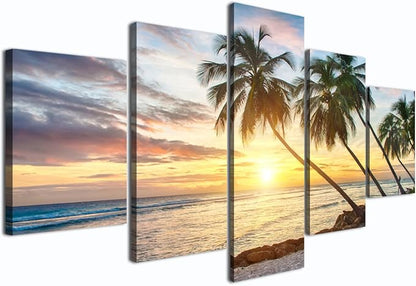 Modern Beach Painting Beautiful Large Sunset Landscape Ocean Pictures Framed Stretched for Living Room Home Decor Posters and Prints Seascape Wall Art Painting on Canvas 5 Piece(60''W x 32''H)