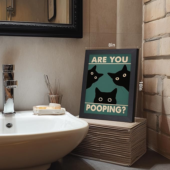 Cyebmo Funny Black Cat Bathroom Wall Art, Whimsical Toilet Humor Wall Decor, “Are You Pooping?” Cat Canvas Painting, Three Cats Poster Print for Restroom BathRoom Wood Framed Ready to Hang 8x10 Inch