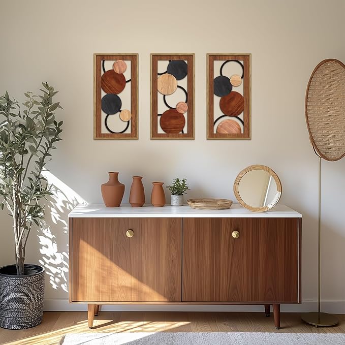 KAIRNE Boho Abstract Wooden Wall Art,3 Pieces Vintage Modern Wall Sculptures,Rustic Farmhouse Framed Hanging Decor,Minimalist Mid Century Wall Decor for Living Room Bedroom Kitchen Office,8X16 inch