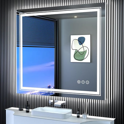 Snowdool LED Mirror for Bathroom, 40"X36" with 8 RGB Backlit +3 Front Lit (Adjustable Individually), Anti-Fog, Lighted Bathroom Vanity Mirror for Wall, Shatterproof, Memory Function, Tempered Glass