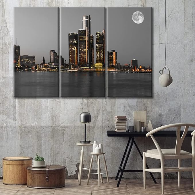 TUMOVO 3 Piece Detroit Michigan City Skyline Black and White Wall Art American Cityscape Nighttime Lightscape Pictures Wall Decor for Bedroom Framed Ready to Hang (42" Wx28 H)