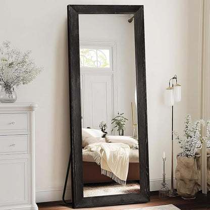 Full Length Mirror 65"x24" - Beveled Edge Rustic Black Dressing Mirror, Solid Wood Frame, Wall Mounted or Standing for Bedroom, Entryway, Living Room