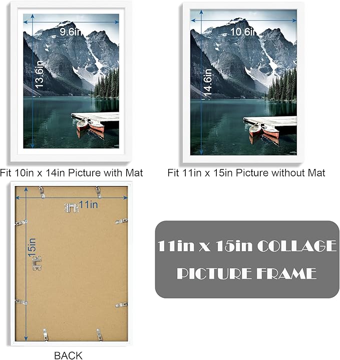 Hongkee 11x15 Picture Frame with Real Glass - Display Pictures 10x14 with Mat or 11 x 15 without Mat, Wall Collage Photo Frame set(White, 3 Pack)
