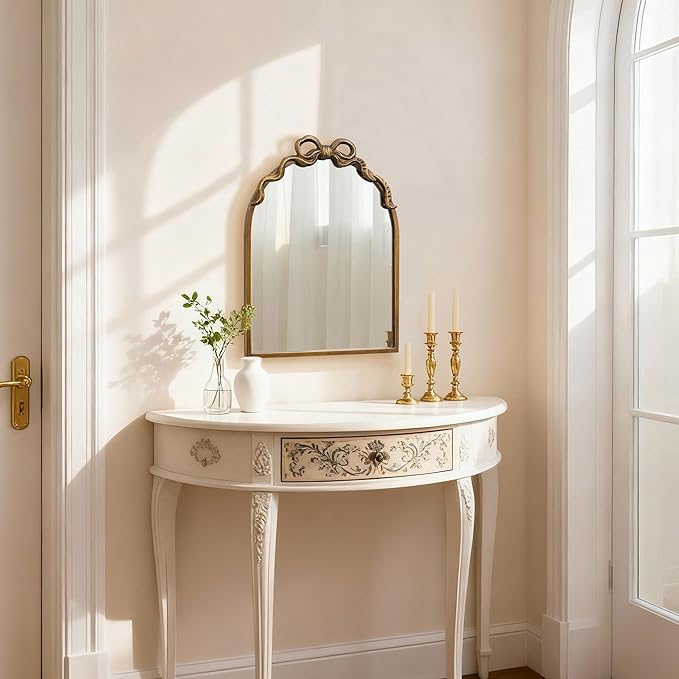 Gold Bow Mirror Vintage Wall Arched Mirror 13x17 Antique Ornate Baroque Mirror Decor with Metal Frame for Entryway Living Room Bedroom Nursery Hallway Fireplace