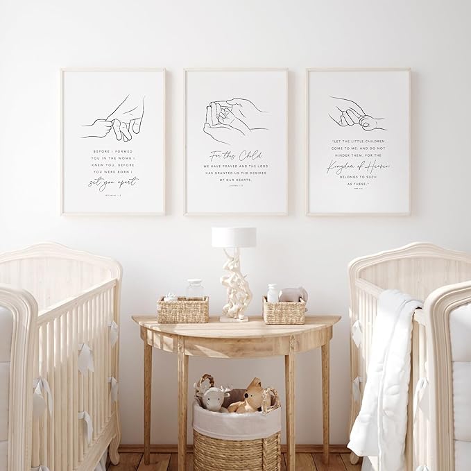 Joocrise Nursery Scripture Wall Art Set of 3 Nursery Bible Verse Wall Decor Baby Christian Canvas Art Christian Artwork Bible Verse Poster for Kids Room 12x16 Inch Unframed