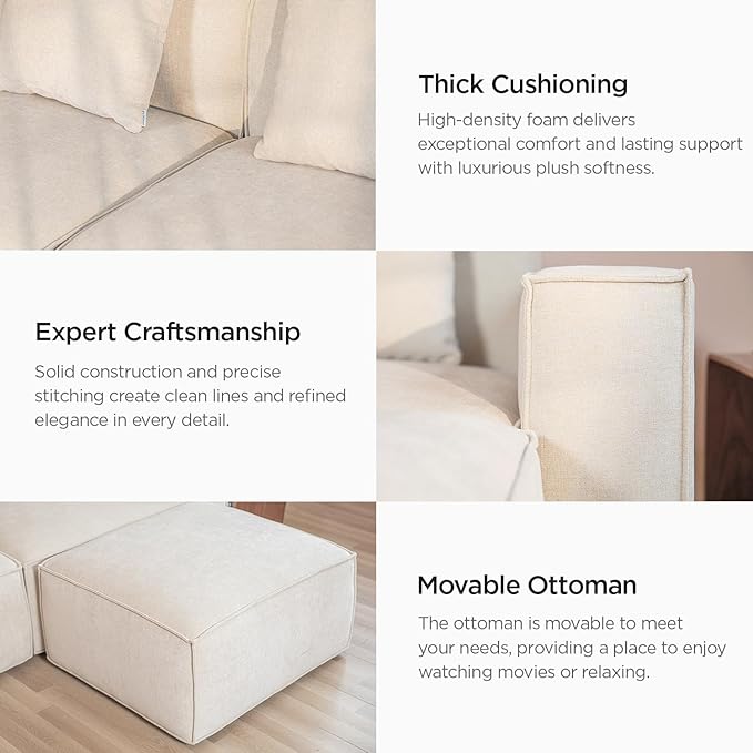 Acanva Luxury Modular Sectional Living Room Sofa Set, Modern Minimalist Style Couch with Ottoman and Chaise, L-Shape, Linen-Like Cream | Minimalist Style