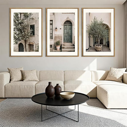 HPNIUB Large Vintage Italy City Landscape Framed Canvas Wall Art Set, Olive Green Tree Country Wall Decor, Modern Minimalist Countryside Villages Picture for Living Room,Bedroom,Office-16 x24 x3