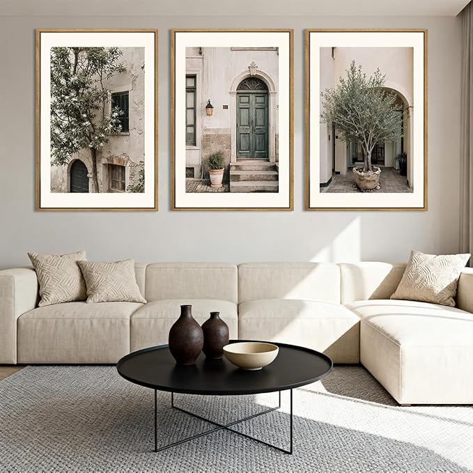 HPNIUB Large Vintage Italy City Landscape Framed Canvas Wall Art Set, Olive Green Tree Country Wall Decor, Modern Minimalist Countryside Villages Picture for Living Room,Bedroom,Office-24 x36 x3