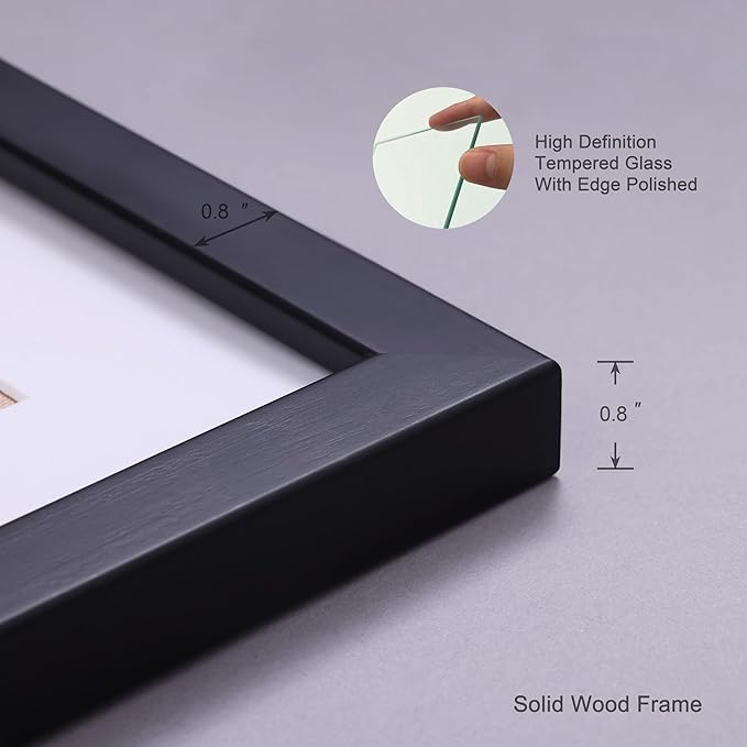 8x10 Picture Frame Set of 2 Made of Solid Wood Photo Frame with Real Glass for Pictures 5x7 with Mat or 8x10 Without Mat, Wall Mount or Tabletop Gallery Photo Frames in Black