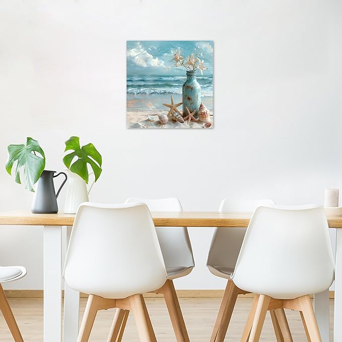 LB Coastal Starfish with White Flower in Vintage Vase on Teal Beach Scene Canvas Wall Art Decor for Living Room, Bedroom, Bathroom, Office - Framed Ready to Hang 12L x 12W