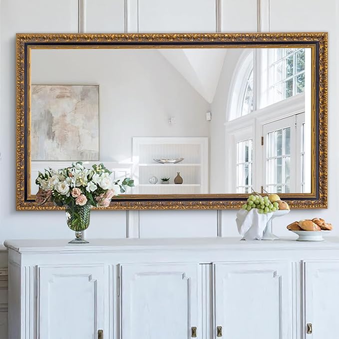 Chende Large Gold Mirror for Wall, 52''x28'' Decorative Wall Mirror with Ornate Carvings Wood Frame, Rectangle Vintage Mirror for Dining Room, Entryway, Bathroom, Living Room