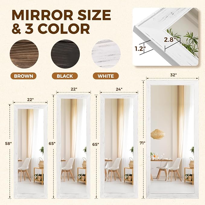 Full Length Mirror 65"x22" - Beveled Edge Rustic White Dressing Mirror, Solid Wood Frame, Wall Mounted or Standing for Bedroom, Entryway, Living Room