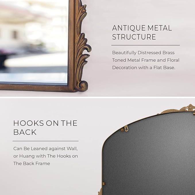 Vintage Gold Wall Mirror - 40x30 Inch, Baroque Arched Design, Ornate Crown Metal Frame, Distressed Gold Finish, Large Antique Decorative Mirror for Fireplace Mantle, Living Room, Bathroom, Entryway
