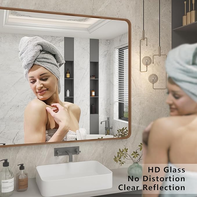 60x40 Gold Bathroom Mirror, Brushed Metal Frame Gold Vanity Mirror, Large Rectangle Mirror for Wall, Rounded Corner, Shatterproof, Anti-Rust (Horizontal/Vertical)