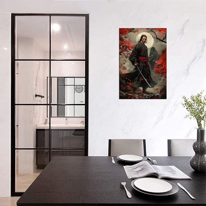 Japanese Samurai Wall Art Black and Red Warrior Wall Decor Warrior Figure Pictures Bushido Posters Canvas Prints Artwork Framed for Living Room Bathroom Bedroom Office (28''W x 44''H)