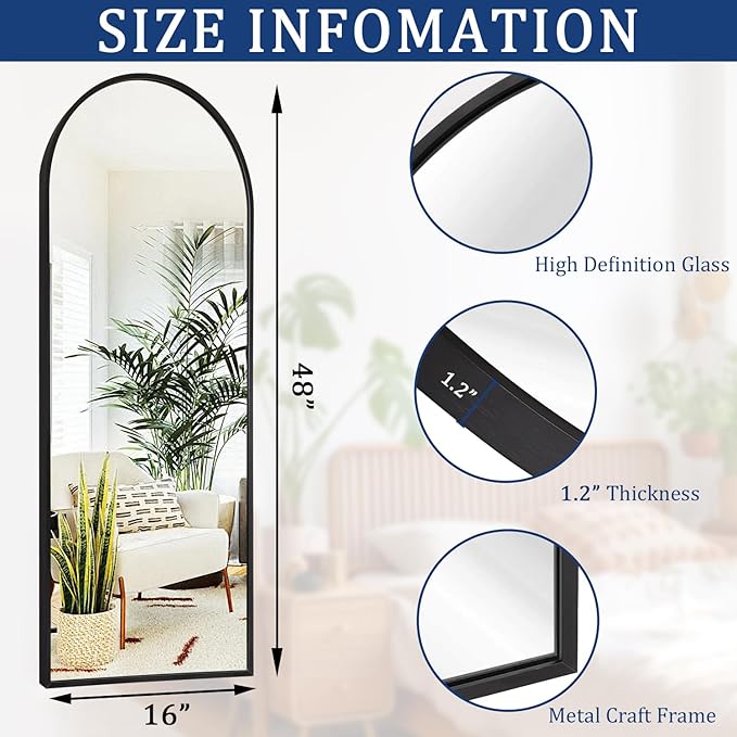 Black Arched Full Length Mirror, 48"x16" Wall Mounted Mirror Metal Aluminum Frame Modern Simple Home Decor, Leaning Against Wall Mirror for Living Room Bedroom Cloakroom, Large
